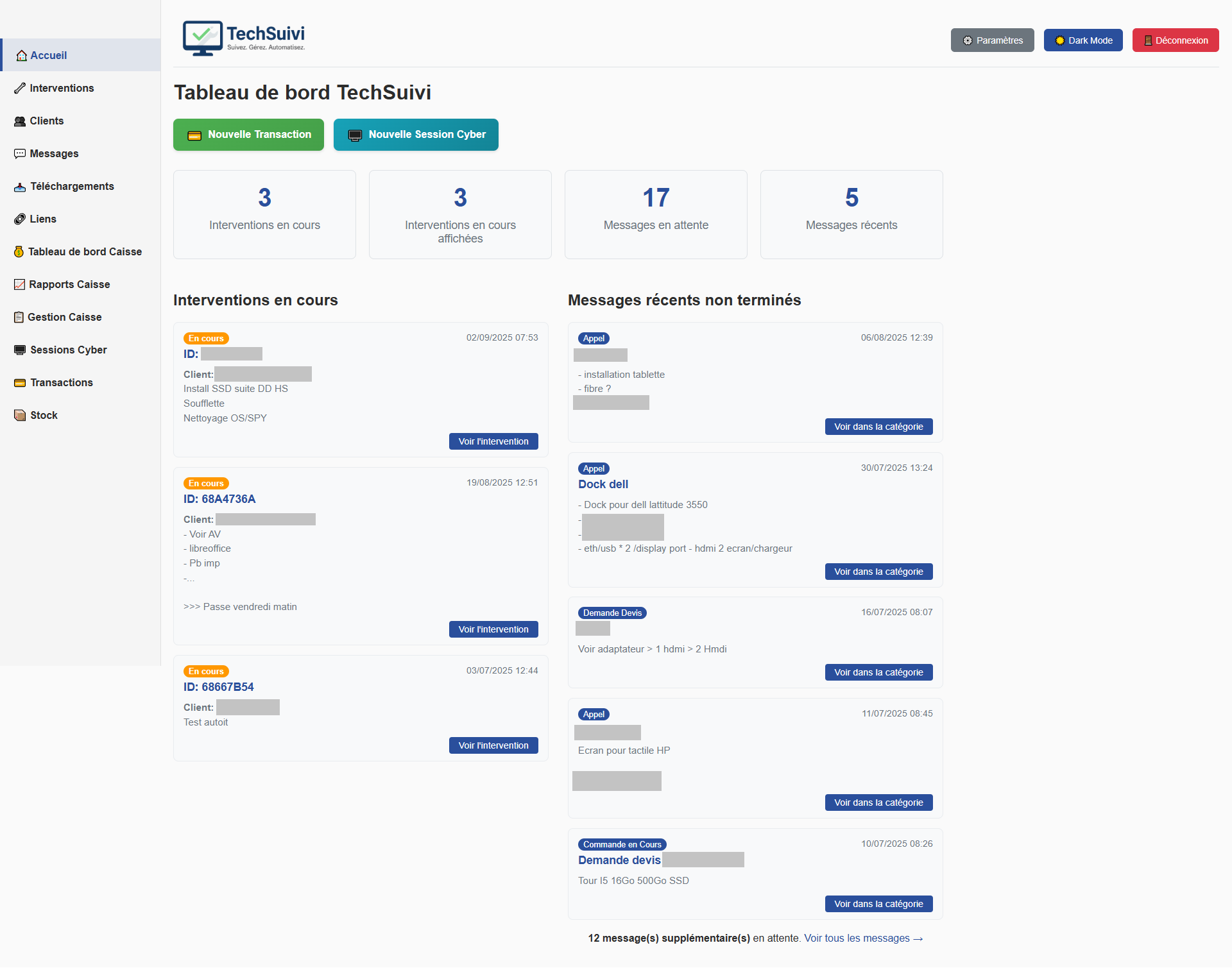 Page d'accueil TechSuivi